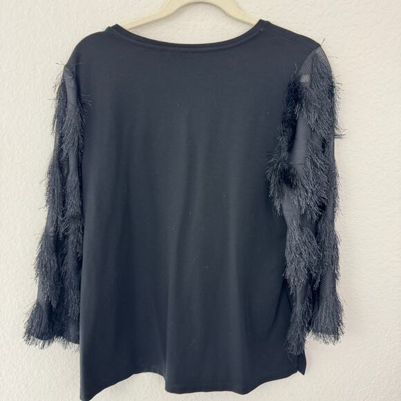 Chico's Womens Pullover T Shirt Top Size L Eyelash Fringe V Neck Black - Picture 5 of 6